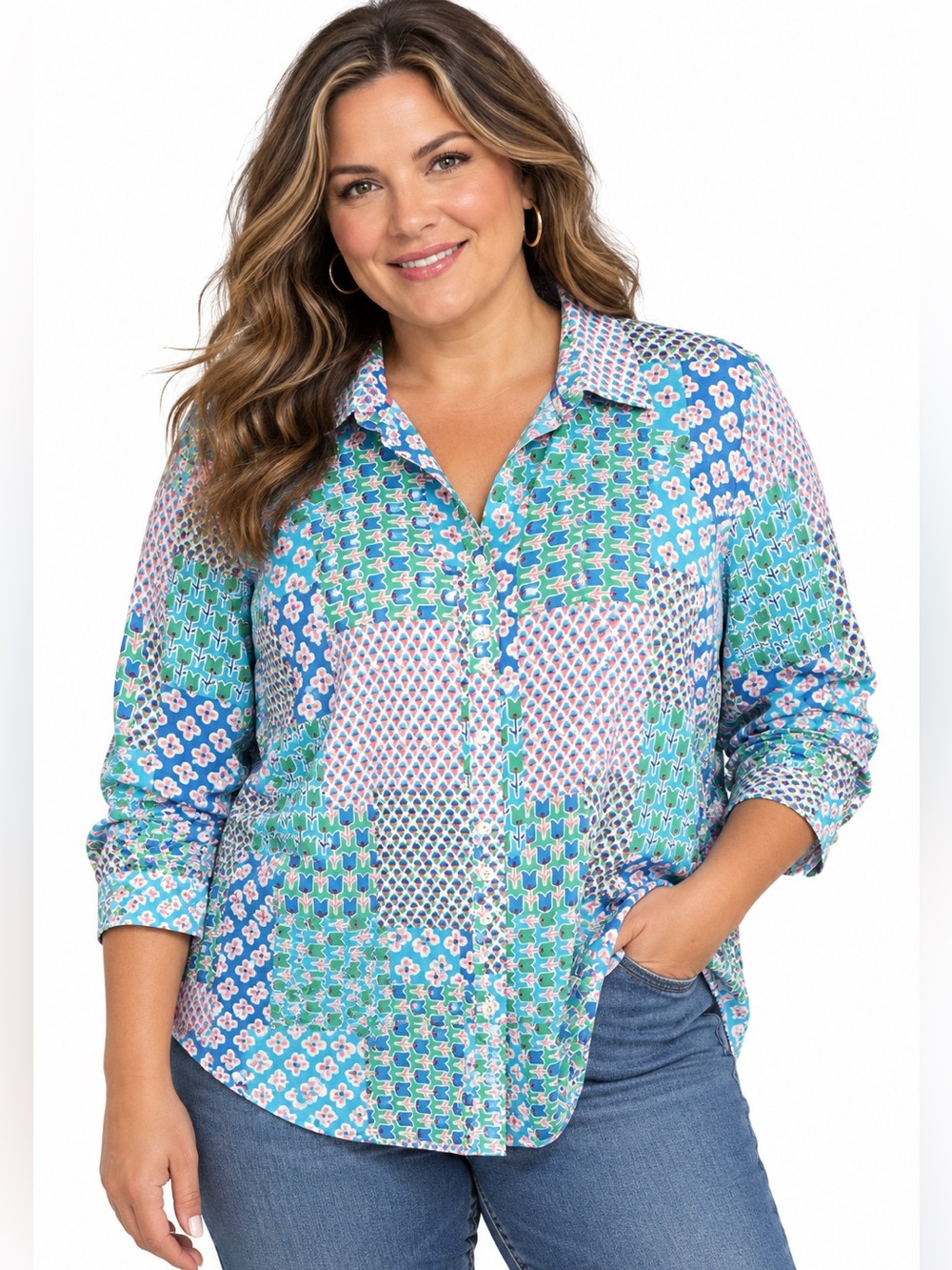 Talbots Blue and Green Mixed Print Button-Down Shirt